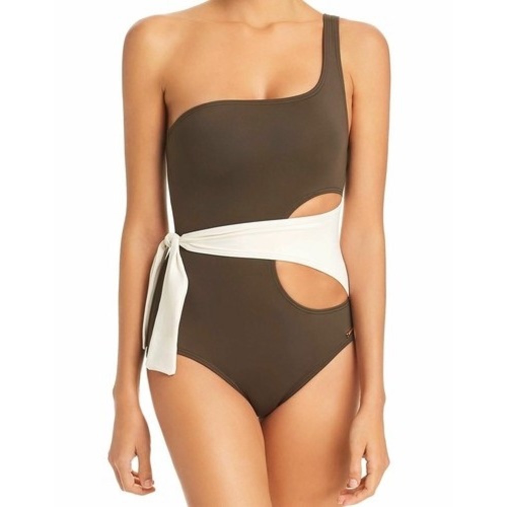 Vince Camuto One Shoulder Cutout Tie Waist Swimsuit Monokini Brown‎ Size 6